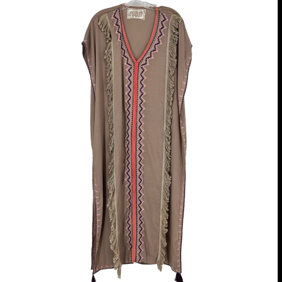 Spool No. 72 Kaftan Boho Beach Embroidered Fringe V Neck Open Sides Taupe OS - Picture 3 of 10